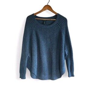 LRL Poncho Sweater Women's Large Blue Open Knit Cotton Blend